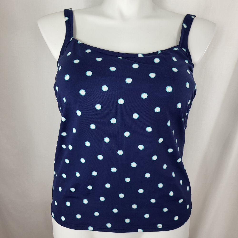 Lands End Swim TANKINI TOP Womens Size 14 Navy Blue White Dots Padded Adj Straps